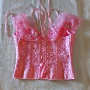 Over-Bust Corset Boning Waist Trainer Pink Satin Bustier XL Ribbon Tie Back